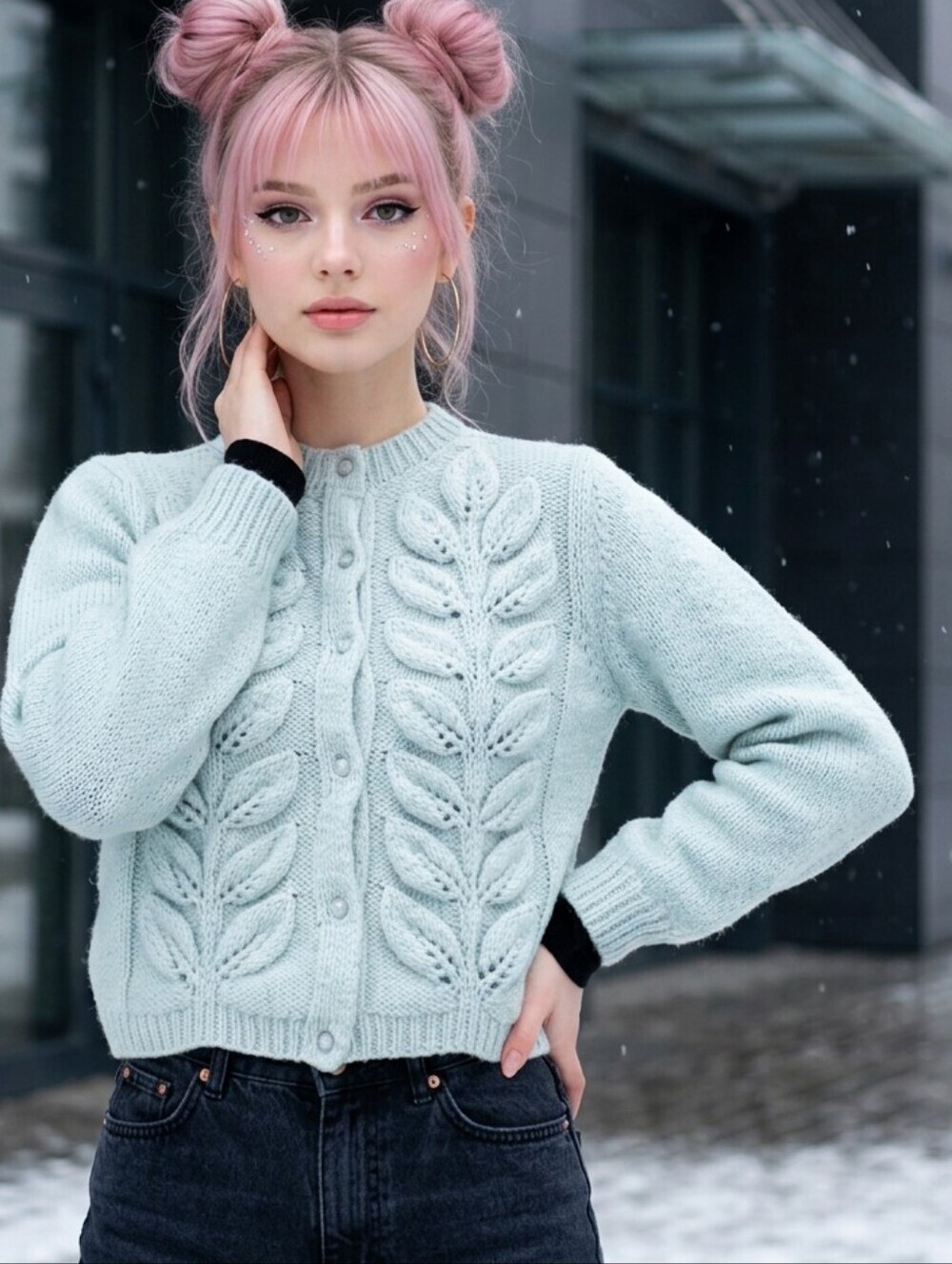 RARE Vintage Aqua Light Blue Leaf Pattern Cottagecore Grandma Cardigan Sweater